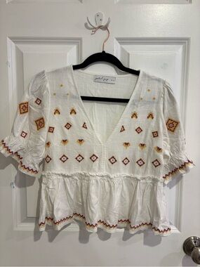 Petal & Pup White Embroidered Peplum Blouse with Red and Yellow Accents